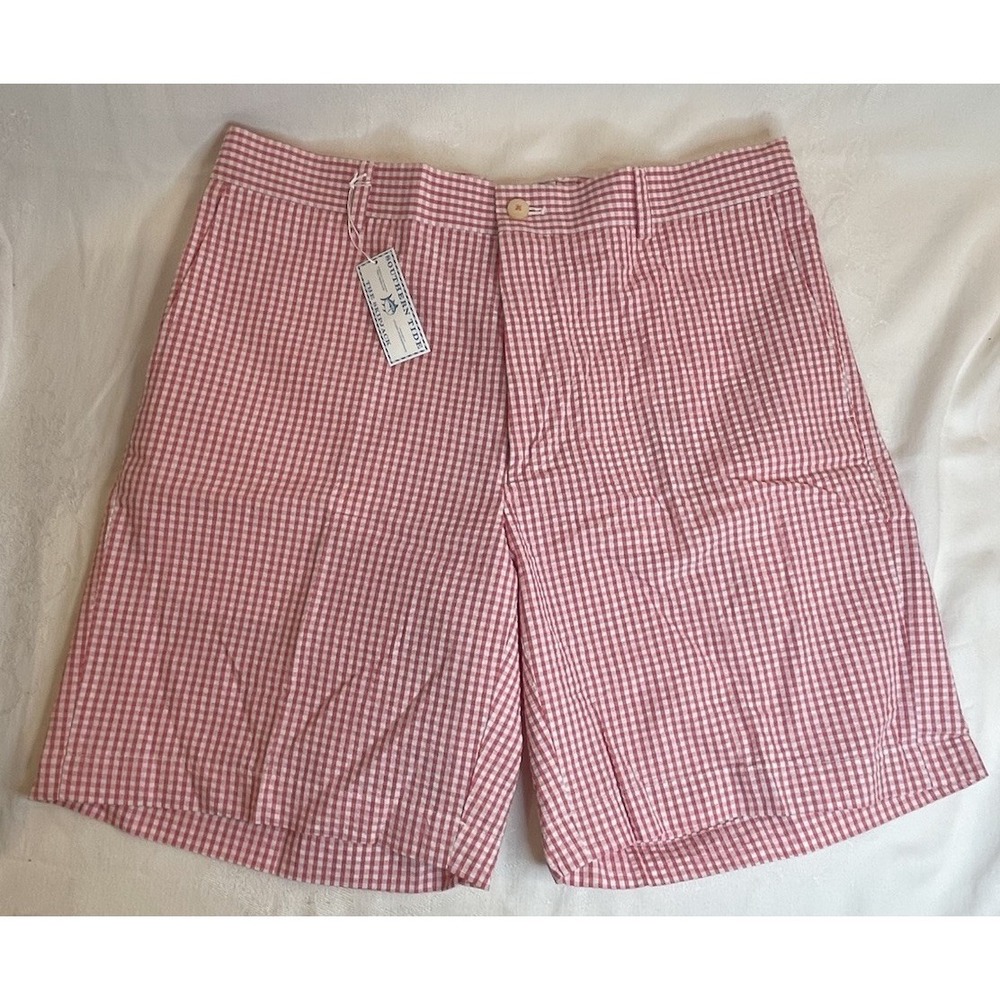 Southern Tide Flat Front Casual Red Plaid Shorts Men's Size 35 9" Inseam NWT